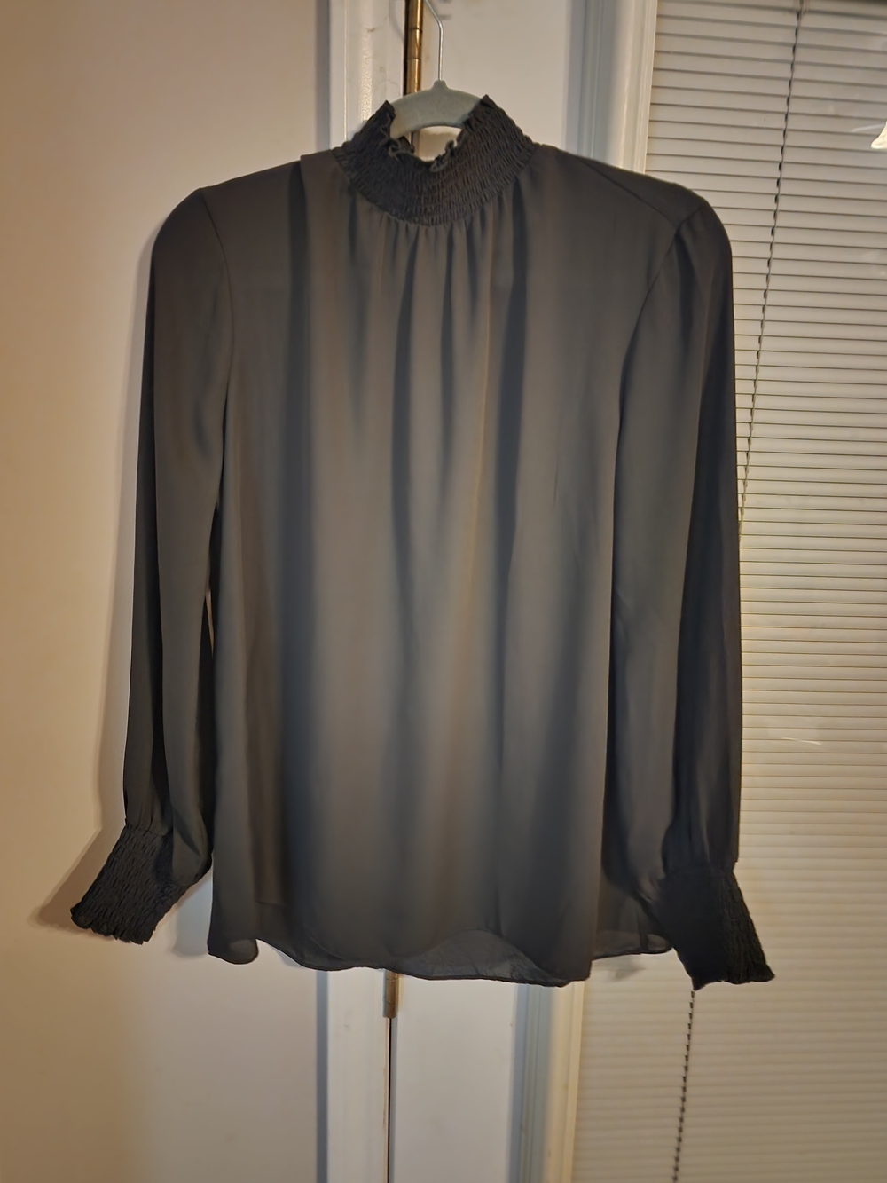 New York & Company Black Smocked Neck Long-Sleeve Blouse